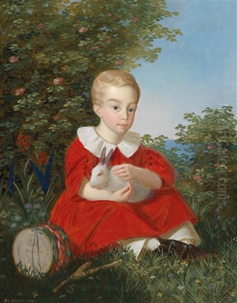 Portrait Of A Boy With Dwarf Rabbit In His Arm Oil Painting by Joseph Weidner