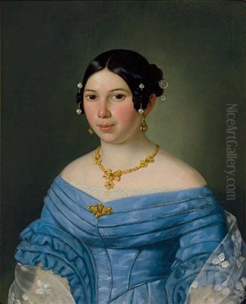 Portrait Einer Jungen Frau Im Blauen Kleid, Mit Perlschmuck Im Haar; Pendeloques, Collier Und Brosche Oil Painting by Joseph Weidner