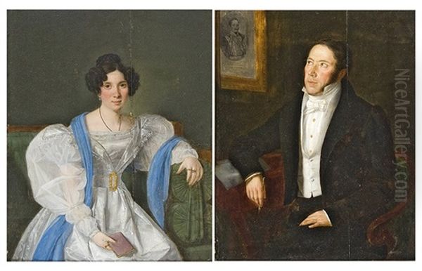 Portrait Of A Woman In An Empire Dress And A Man Looking On A Portrait Of Count Adam Reviczky (1786-1862) (pair) Oil Painting by Joseph Weidner