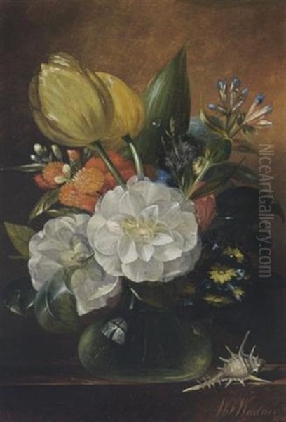 A Still Life With Flowers In A Vase On A Ledge Oil Painting by Willem Frederik Weidner