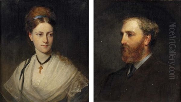 Portrait Of Shalcross Fitzherbert Widdrington (formerly Jacson) In A Dark Coat (+ Portrait Of Cecelia Widdrington, Nee Gregge-hopwood, With Ribbon In Her Hair And A White Lace Shawl; Pair) Oil Painting by Henry Weigall Jr.