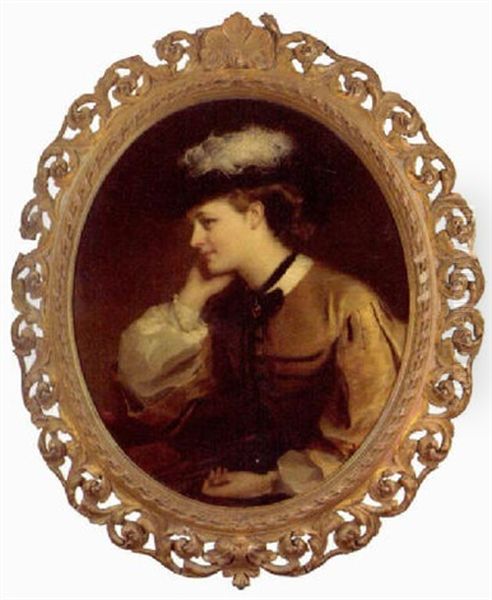 Portrait Of Florence Stephenson, Nee Pearse,  In A Brown Dress With White Sleeves And Black Feathered Hat Oil Painting by Henry Weigall Jr.