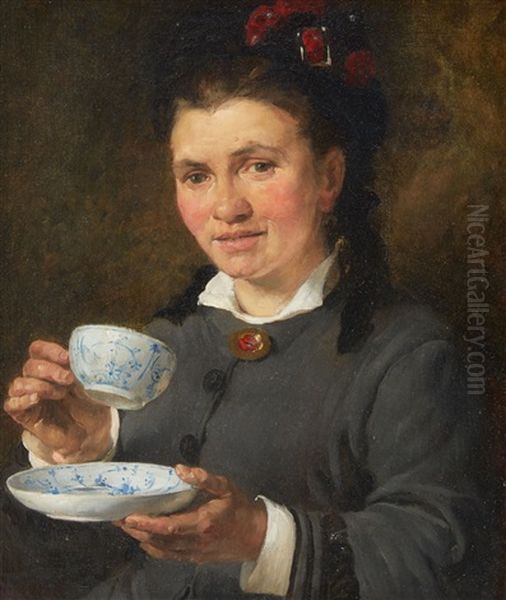 A Lady Drinking Tea Oil Painting by Konrad Weigand