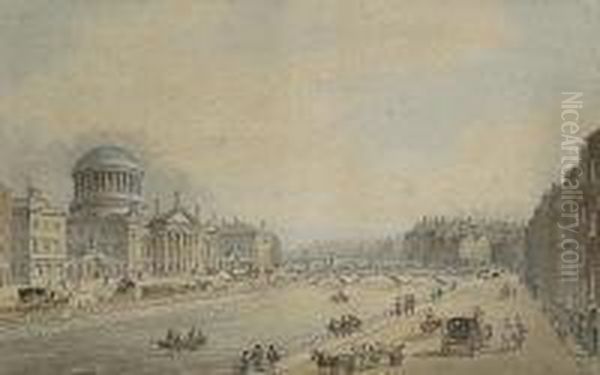 View Of The Four Courts On The River Liffey, Dublin Oil Painting by Samuel Frederick Brocas