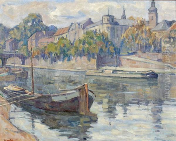 Blick Uber Die Alte Brucke Auf Alt-saarbrucken Mit Dem Turm Der Schlosskirche Oil Painting by Otto Weil