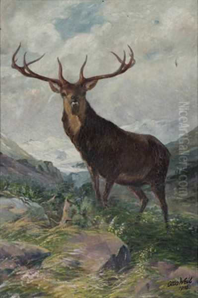 Hirsch In Weiter Gebirgslandschaft Oil Painting by Otto Weil