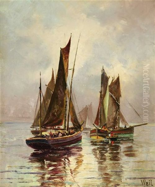 Boats In A Calm Sea Oil Painting by Otto Weil