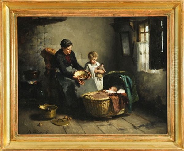 Kucheninterieur Mit Mutter Und Ihren Beiden Kindern Oil Painting by Johannes Weiland