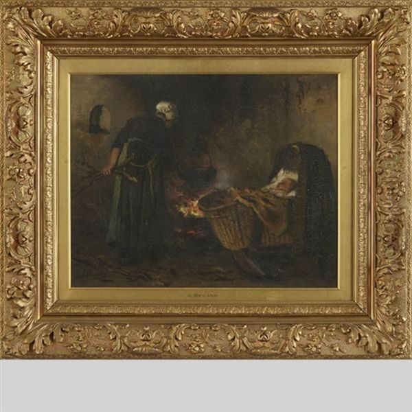 Mother Tending The Fire While Baby Sleeps Oil Painting by Johannes Weiland