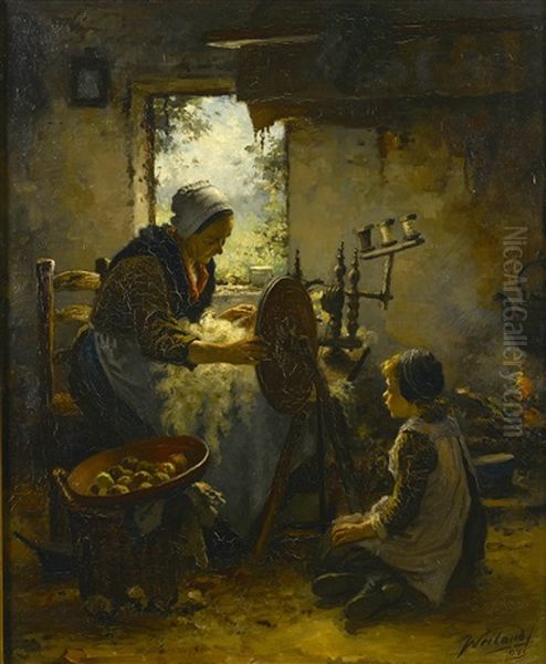 A Mother And Child At A Spinning Wheel Oil Painting by Johannes Weiland