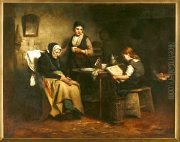 Bauerliche Interieurszene Mit Grosmutter, Mutter Und Der Vorlesenden Tochter Oil Painting by Johannes Weiland