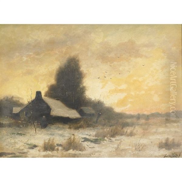 Dutch Farm And Figures On A Winter's Eve Oil Painting by Johannes Weiland