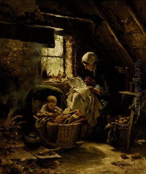 Mother And Child In A Farmer's Interior by Johannes Weiland