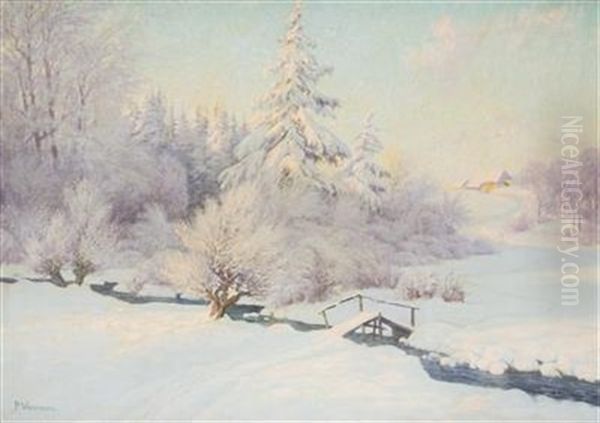 Winterlandschaft Mit Bachbrucke Und Haus Oil Painting by Paul Weimann