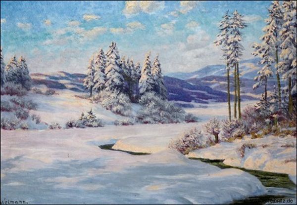 Verschneiter Bachlauf In Vorgebirgslandschaft Oil Painting by Paul Weimann