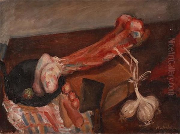 Still Life With Meat And Garlic Oil Painting by Abraham Weinbaum