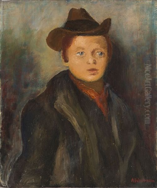 Boy In Hat Oil Painting by Abraham Weinbaum