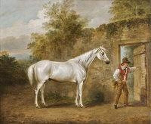 A Grey Hack, Yaroute A Groom Opening A Wall Door Oil Painting by William Brocas