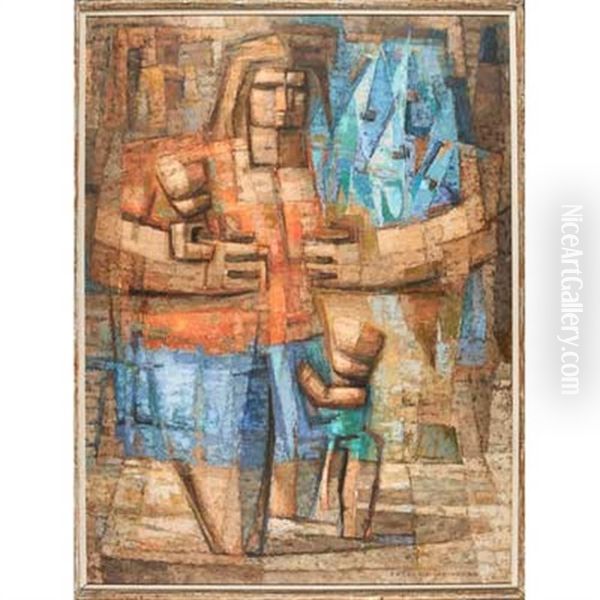 Untitled Painting (mother With Children And Fish) Oil Painting by Justus Frederic Weinberg