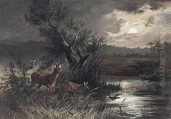 Abendliche Teichlandschaft Mit Rotwild Und Auffliegender Wildente Oil Painting by Anton Weinberger