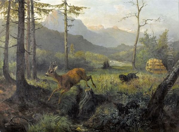 Rehbock Auf Der Flucht Vor Zwei Kleinen Jagdhunden Oil Painting by Anton Weinberger