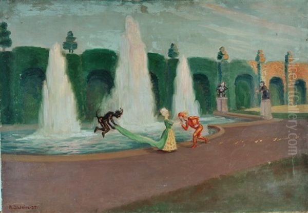 Schlossgartenszene - Parodie Auf Das Hofische Leben Oil Painting by Hans Georg Weineiss