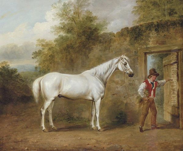 A Grey Hack Held By A Boy, By A Door Through A Wall, In Alandscape Oil Painting by William Brocas