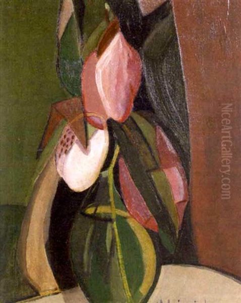 Still Life With Vase Of Lady Slippers Oil Painting by Agnes Weinrich