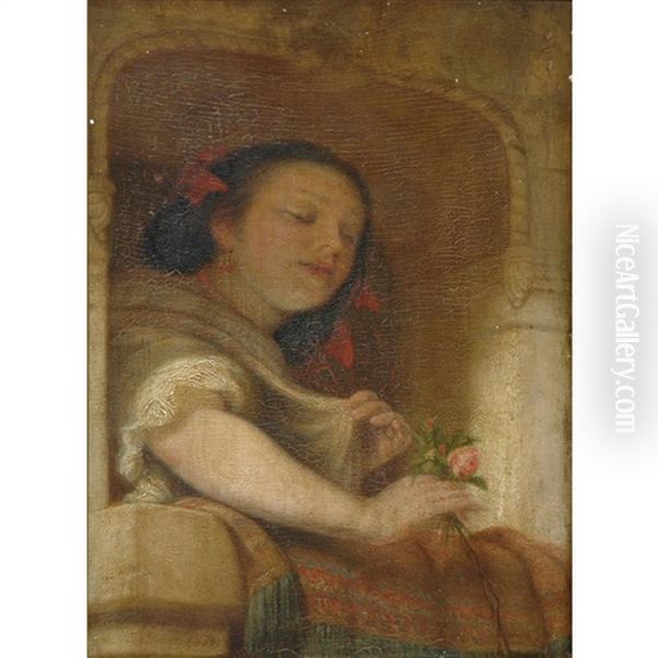 Young Woman At A Balcony With Flowers In Hand Oil Painting by Robert Walter Weir