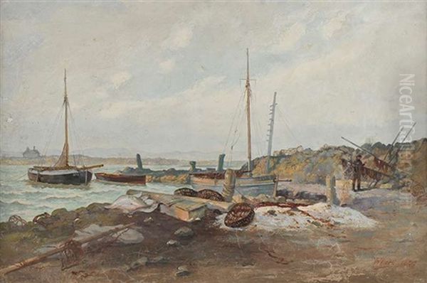 Mending Nets, Groomsport Oil Painting by William Docherty Weir