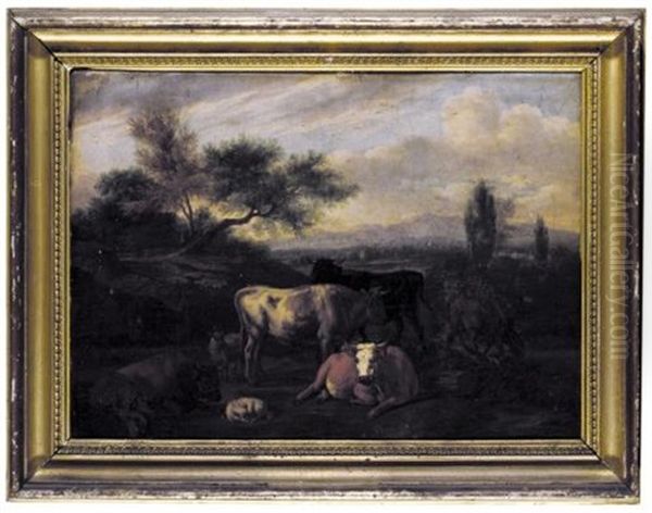 Cattle And Sheep In An Italian Landscape Oil Painting by Franz Edmund Weirotter