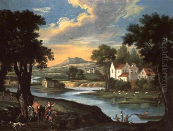 Fluslandschaft Mit Reitern Oil Painting by Franz Edmund Weirotter