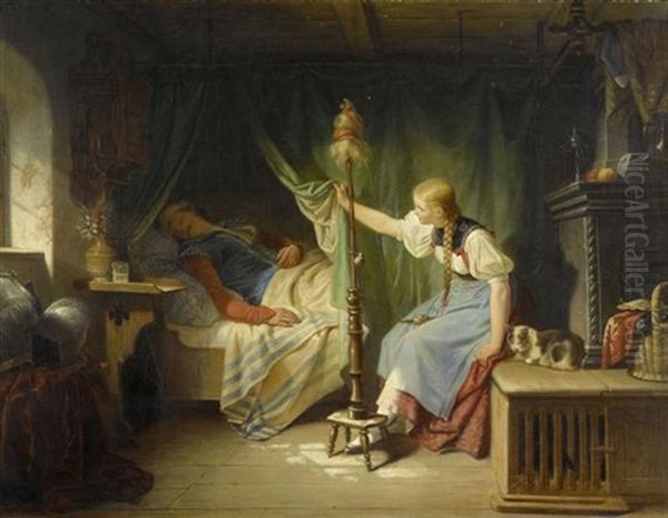 Madchen Am Bett Eines Soldaten Oil Painting by Johann Baptist Weisbrod