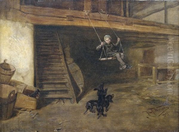 Ein Schaukelnder Bauernjunge Mit Zwei Dackeln Vor Der Scheune Oil Painting by Joseph Emanuel Weiser