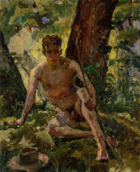 Mannlicher Akt, Sitzend Im Wald, Mit Hut Und Bogen Oil Painting by Albert Weisgerber