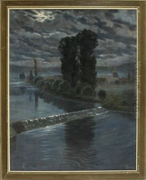 Fluss Mit Staustufen In Nachtlicher Stadtlandschaft Oil Painting by Victor Weishaupt