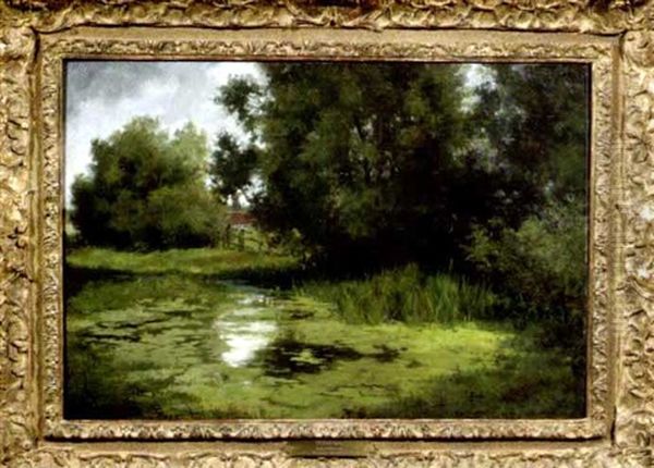 Baumbestandener Weiher Unter Bewolktem Himmel Oil Painting by Victor Weishaupt