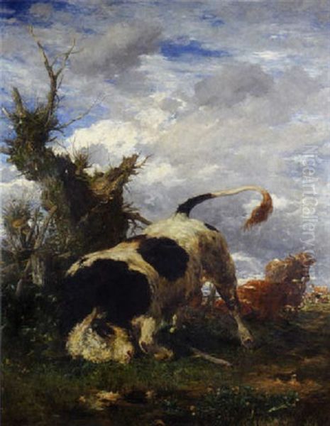 Jungstier Vor Einem Kopfweidenbaum Oil Painting by Victor Weishaupt