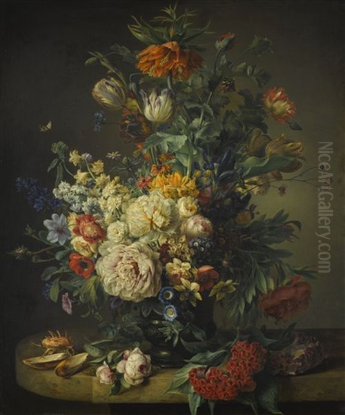 Still Life With Roses, Tulips And Imperial Fritillary Oil Painting by Anton Weiss