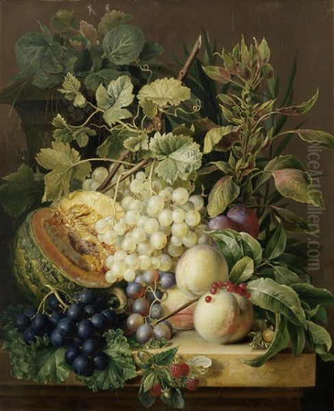 Still Life Of Grapes, Prunes, A Melon And Strawberries Oil Painting by Anton Weiss