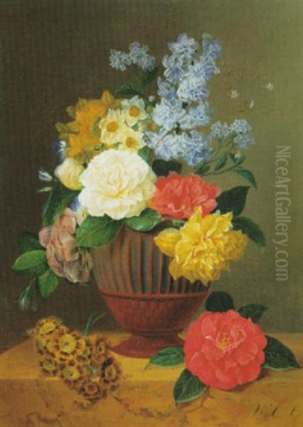 Roses, Narcissi, Bluebells, Morning Glory And Other Flowers In A Vase With A Rose And Primroses On A Marble Shelf Oil Painting by Anton Weiss