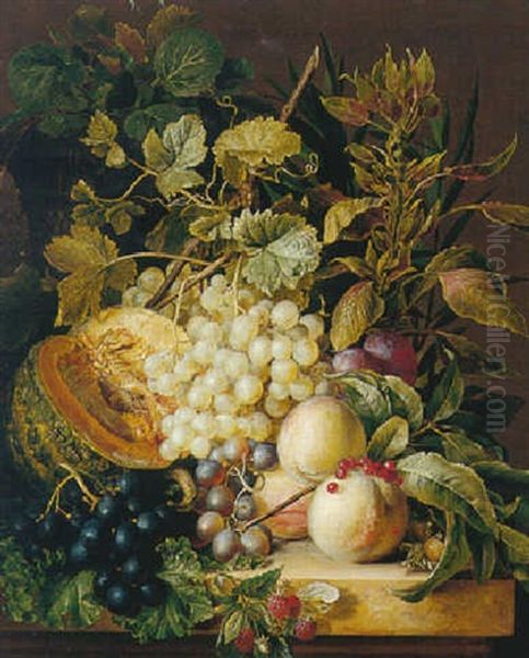 Still Life Of Grapes, Peaches, Plums And Other Fruit, All On A Marble Bench by Anton Weiss