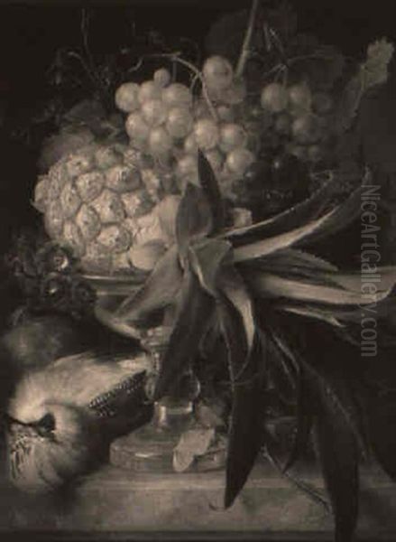 A Still Life Of Grapes, Pineapple, Flowers And Dead Bird Oil Painting by Anton Weiss