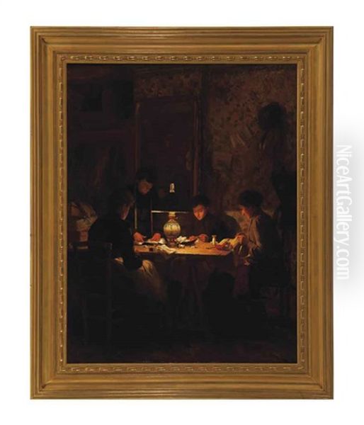 Women Sewing By Lamplight Oil Painting by Emile Georges (Geo) Weiss