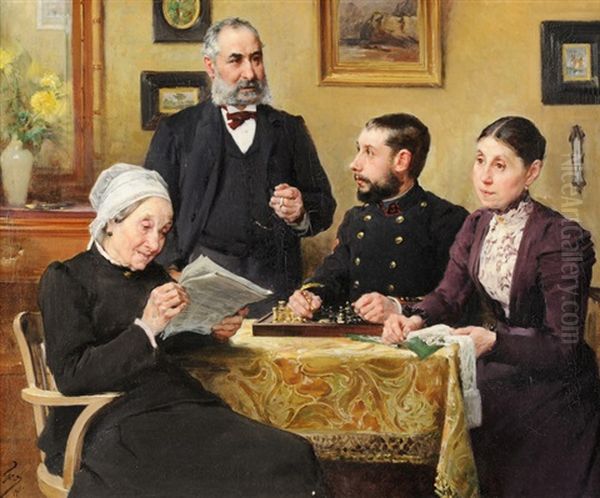 Burgerliche Familie Am Tisch Oil Painting by Emile Georges (Geo) Weiss