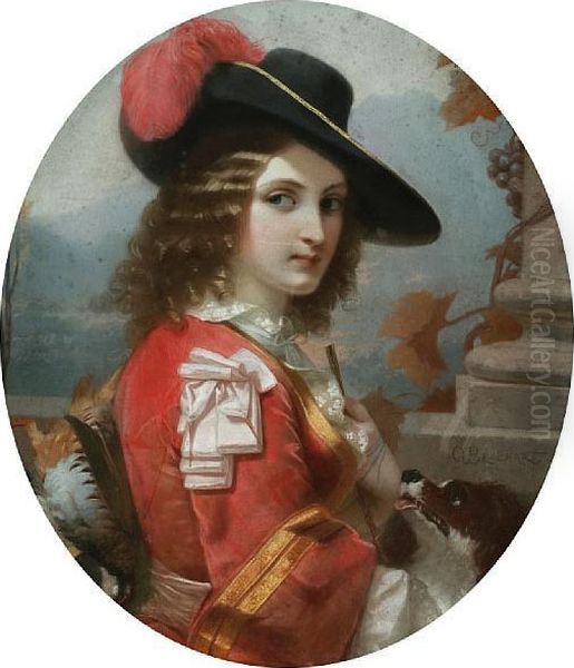 A Young Huntsman With A Gamebird And Dog; And A Companion Pastel Of A Young Shepherdess (a Pair) Oil Painting by Constant Joseph Brochart