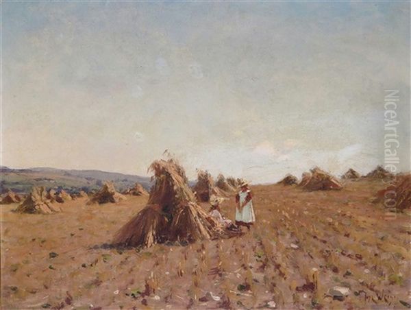 Harvest Scene With Children Seated By Corn Stooks Oil Painting by Jose Weiss