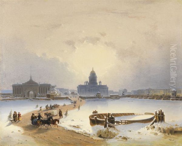 St. Petersburg: Schlittenfahrt Uber Die Neva Mit Blick Auf Admiralitat, Isaakskathedrale, Ehernen Reiter, Senat Und Synode Oil Painting by Joseph Andreas Weiss