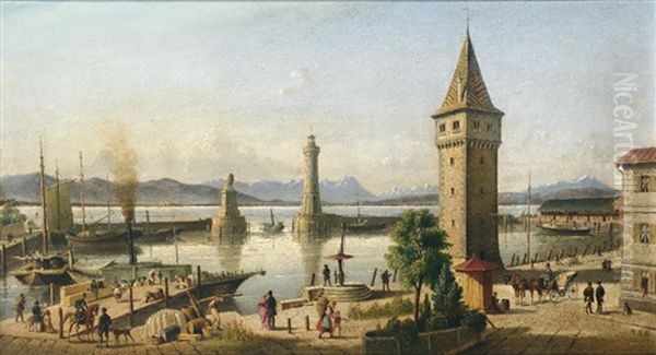 Blick Auf Den Lindauer Hafen Mit Lowe, Leuchtturm Und Mangturm Und Weitem Blick Uber Den See Auf Osterreichisches Und Schweizerisches Bergpanorama Oil Painting by Joseph Andreas Weiss