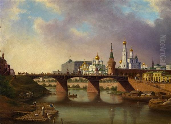 View Of Kremlin (moskvoretsky Bridge From The Moscow River Embankment) Oil Painting by Joseph Andreas Weiss